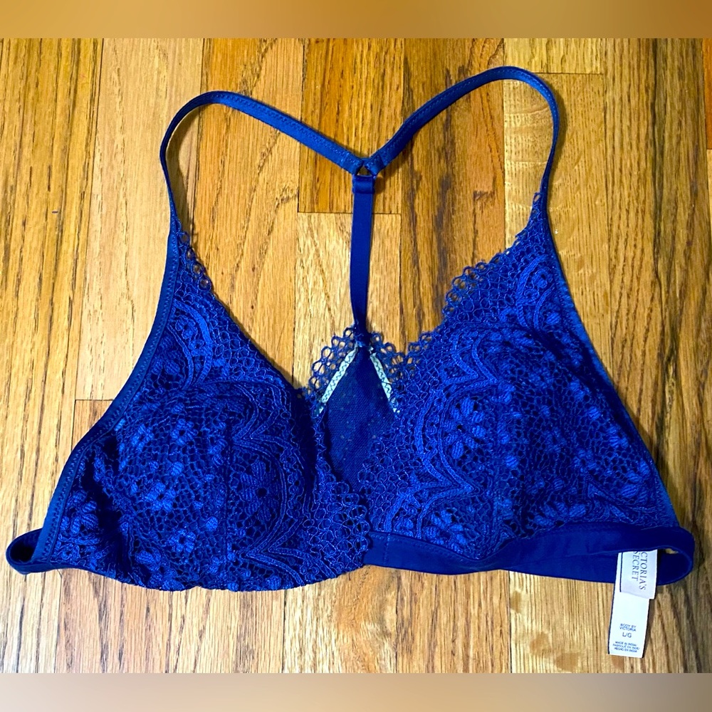 Victorias Secret Women’s L Lace Racerback Wireless Padded Bralette Navy Blue